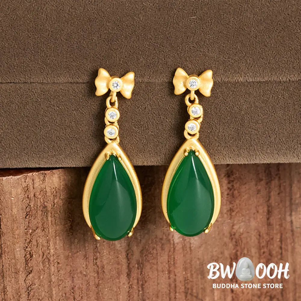 Buddha Stones Waterdrop Design Green Jasper Copper Plated Gold Balance Earrings - Green Jasper(Size: 10*30mm) - Earrings