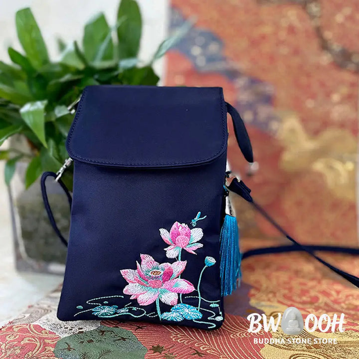 Buddha Stones Waterproof Handmade Embroidered Lotus Flowers Crossbody Bag Shoulder Bag Cellphone Bag - Bag