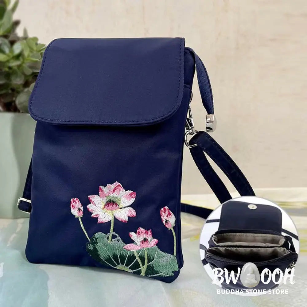 Buddha Stones Waterproof Handmade Embroidered Lotus Flowers Crossbody Bag Shoulder Bag Cellphone Bag - Bag