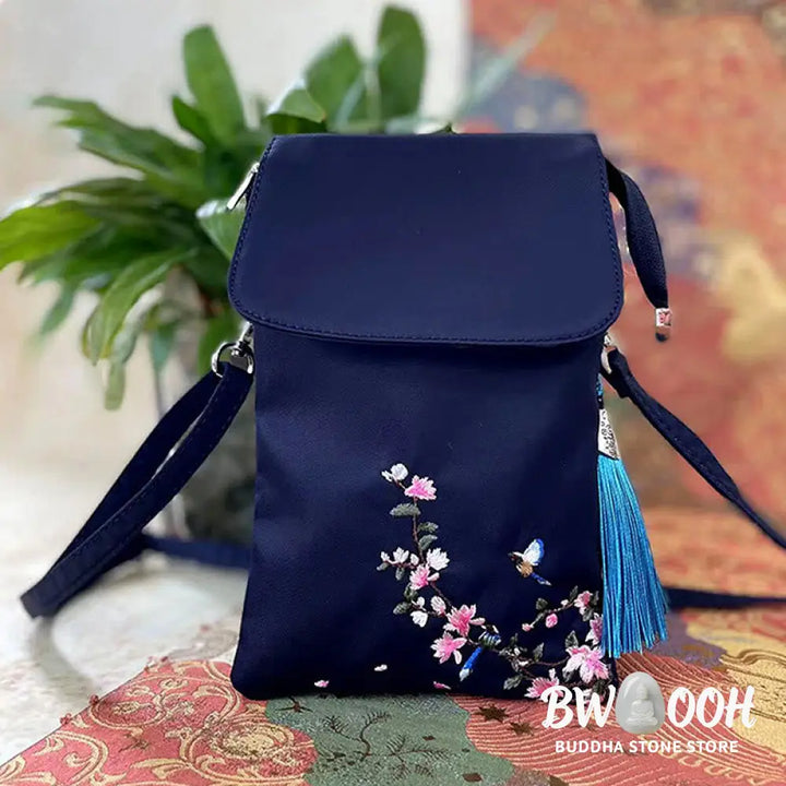 Buddha Stones Waterproof Handmade Embroidered Lotus Flowers Crossbody Bag Shoulder Bag Cellphone Bag - Bag