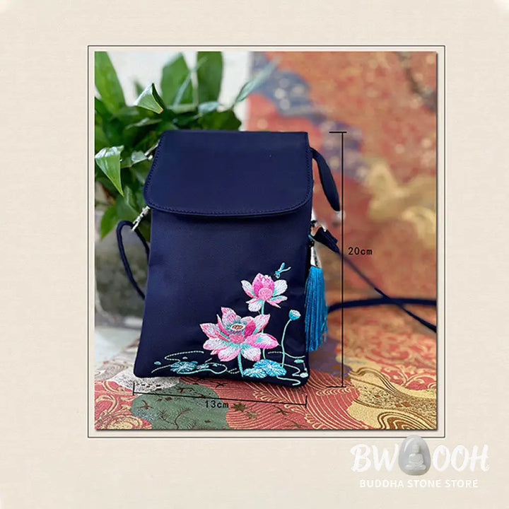 Buddha Stones Waterproof Handmade Embroidered Lotus Flowers Crossbody Bag Shoulder Bag Cellphone Bag - Bag