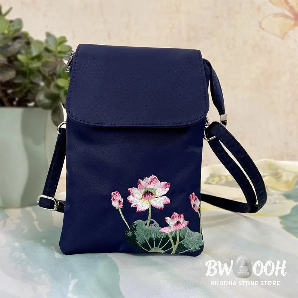 Buddha Stones Waterproof Handmade Embroidered Lotus Flowers Crossbody Bag Shoulder Bag Cellphone Bag - Bag