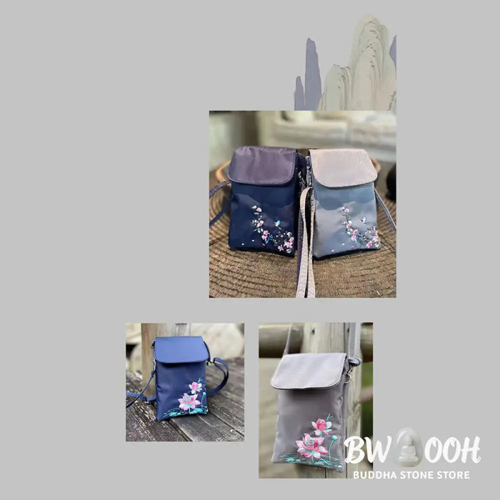 Buddha Stones Waterproof Handmade Embroidered Lotus Flowers Crossbody Bag Shoulder Bag Cellphone Bag - Bag
