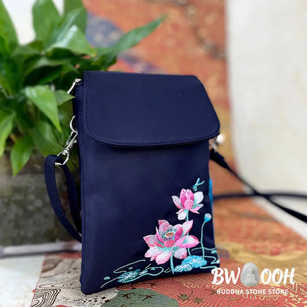 Buddha Stones Waterproof Handmade Embroidered Lotus Flowers Crossbody Bag Shoulder Bag Cellphone Bag - Bag