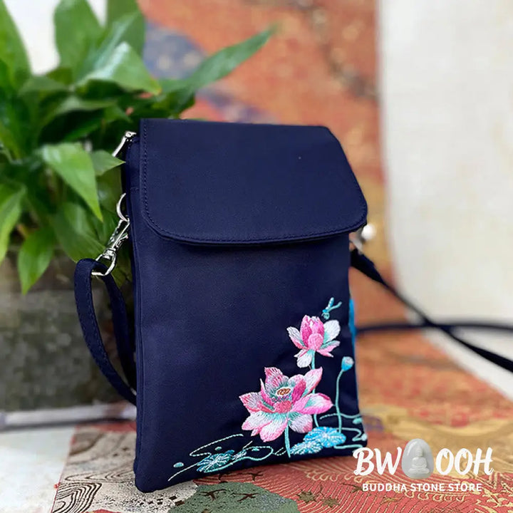 Buddha Stones Waterproof Handmade Embroidered Lotus Flowers Crossbody Bag Shoulder Bag Cellphone Bag - Bag
