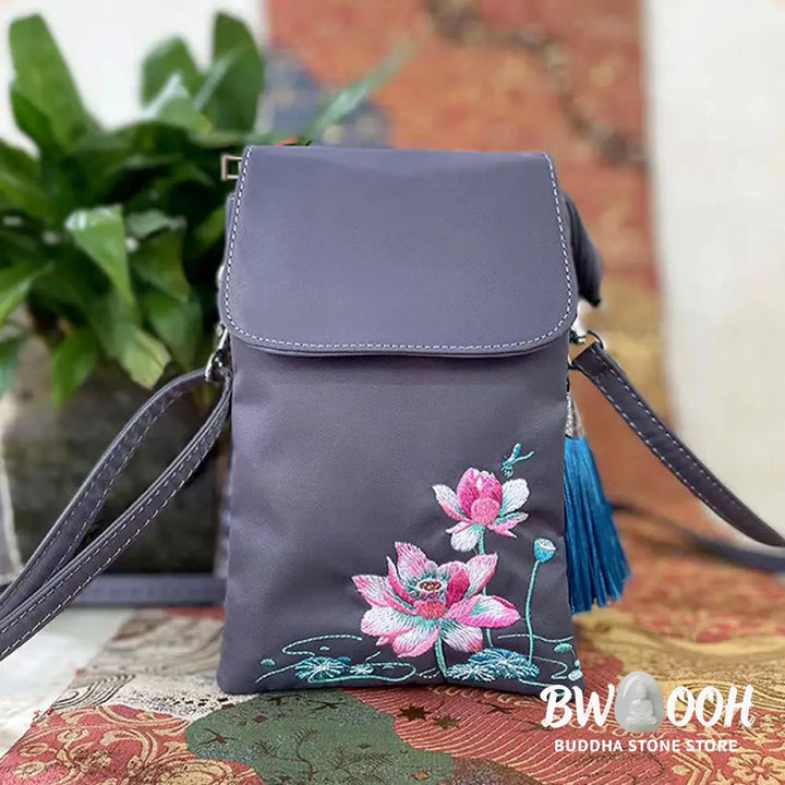 Buddha Stones Waterproof Handmade Embroidered Lotus Flowers Crossbody Bag Shoulder Bag Cellphone Bag - Bag
