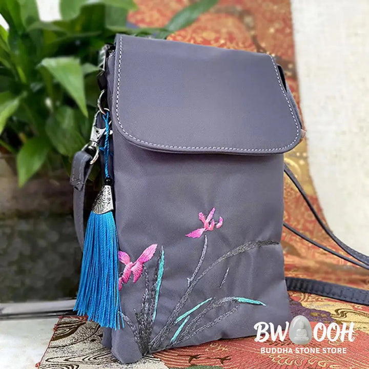 Buddha Stones Waterproof Handmade Embroidered Lotus Flowers Crossbody Bag Shoulder Bag Cellphone Bag - Bag