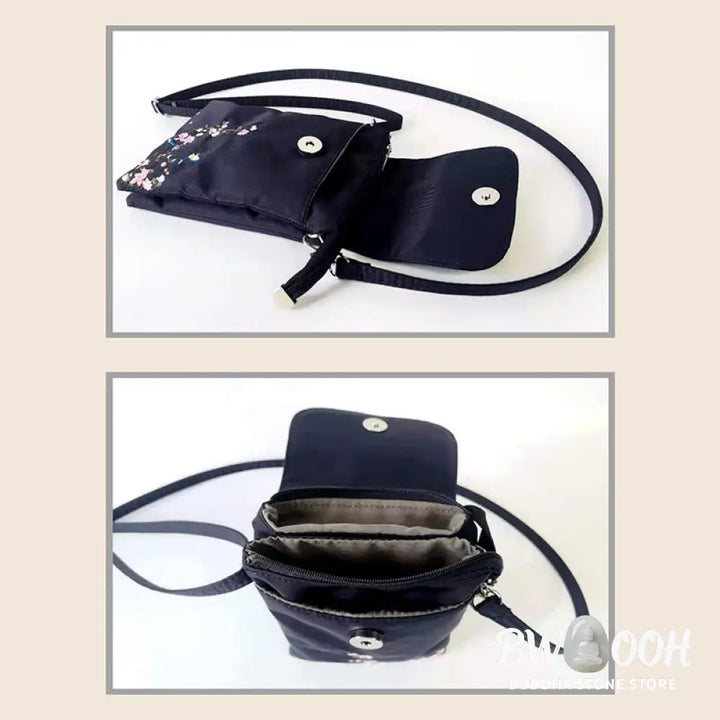 Buddha Stones Waterproof Handmade Embroidered Lotus Flowers Crossbody Bag Shoulder Bag Cellphone Bag - Bag