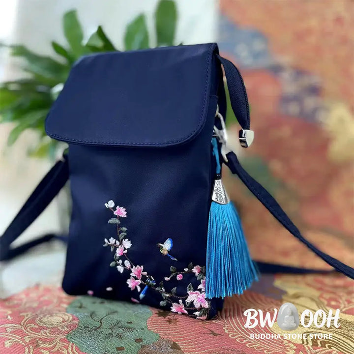 Buddha Stones Waterproof Handmade Embroidered Lotus Flowers Crossbody Bag Shoulder Bag Cellphone Bag - Bag