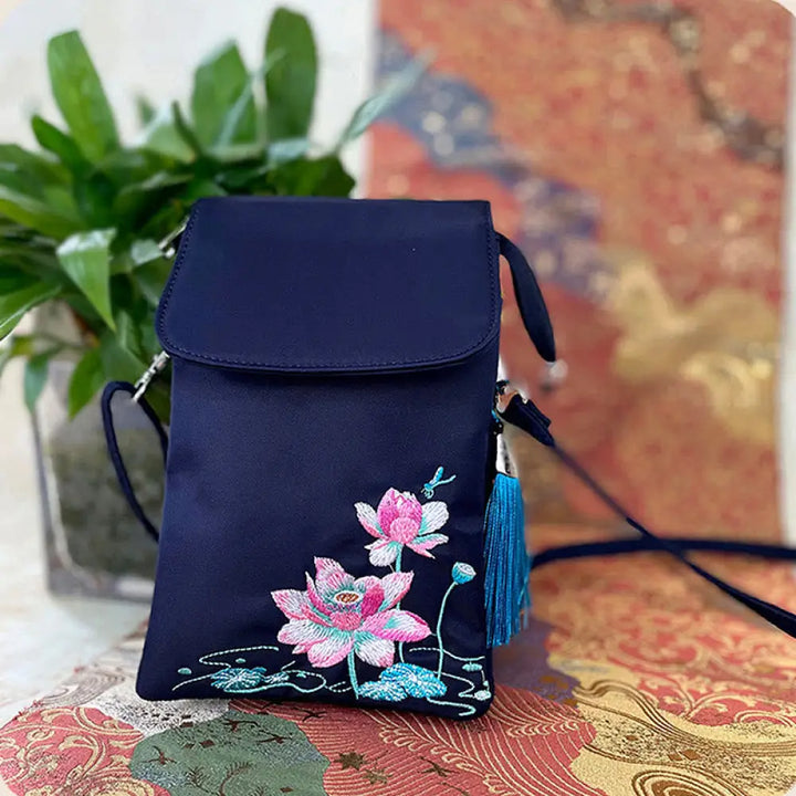 Buddha Stones Waterproof Handmade Embroidered Lotus Flowers Crossbody Bag Shoulder Bag Cellphone Bag - Blue Lotus