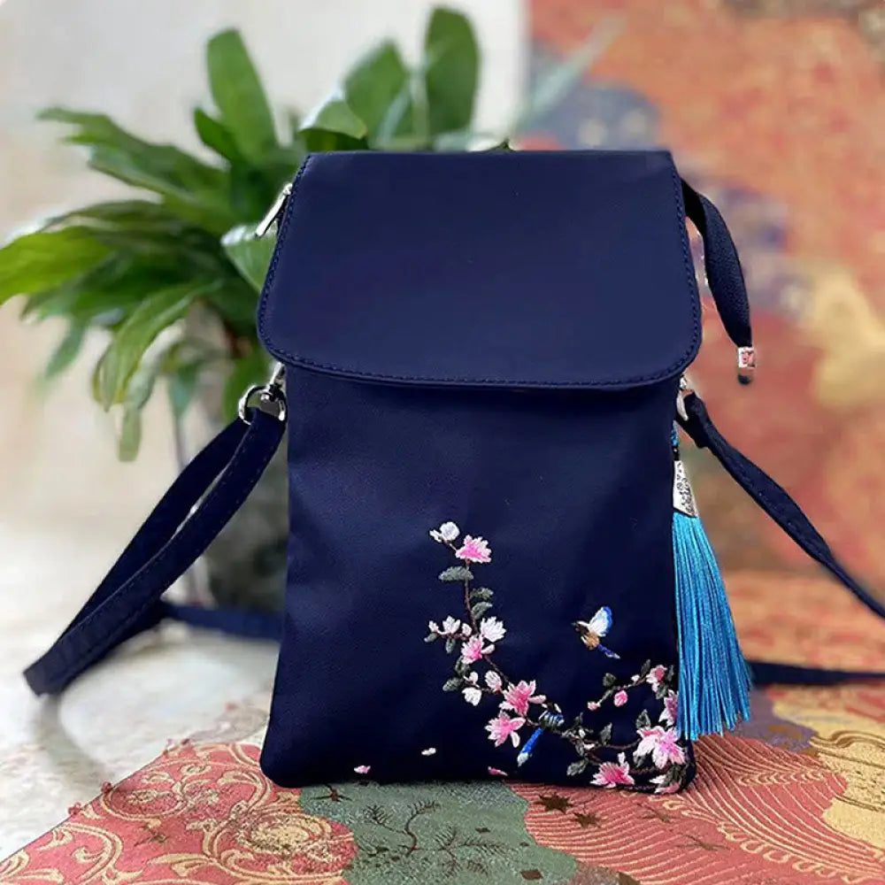 Buddha Stones Waterproof Handmade Embroidered Lotus Flowers Crossbody Bag Shoulder Bag Cellphone Bag - Blue Flower Bird