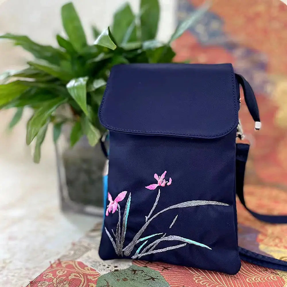 Buddha Stones Waterproof Handmade Embroidered Lotus Flowers Crossbody Bag Shoulder Bag Cellphone Bag - Blue Flower