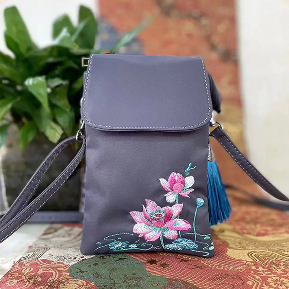 Buddha Stones Waterproof Handmade Embroidered Lotus Flowers Crossbody Bag Shoulder Bag Cellphone Bag - Gray Lotus