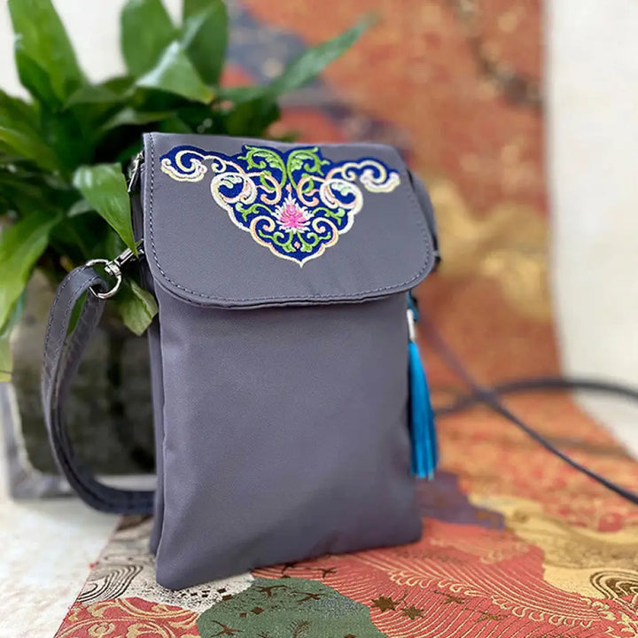 Buddha Stones Waterproof Handmade Embroidered Lotus Flowers Crossbody Bag Shoulder Bag Cellphone Bag - Gray Flower - Bag