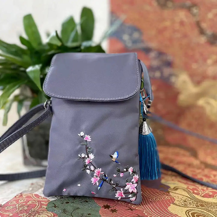 Buddha Stones Waterproof Handmade Embroidered Lotus Flowers Crossbody Bag Shoulder Bag Cellphone Bag - Gray Flower Bird