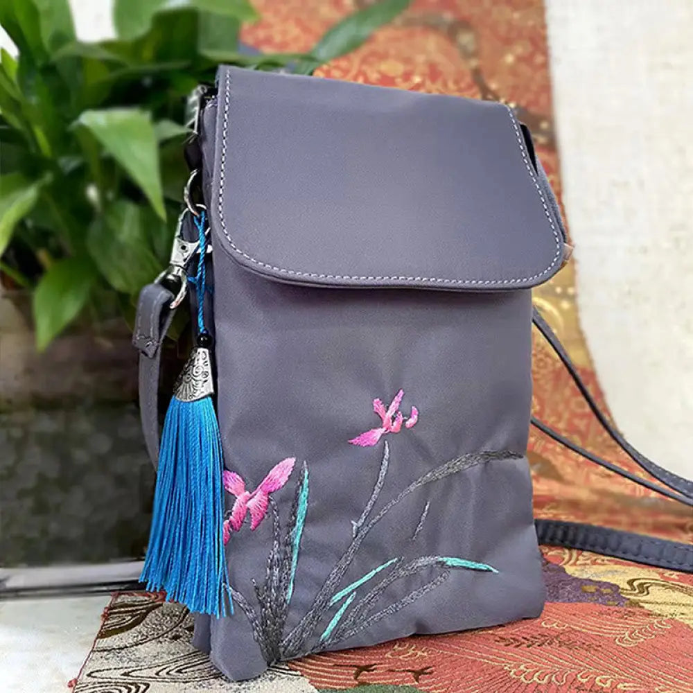 Buddha Stones Waterproof Handmade Embroidered Lotus Flowers Crossbody Bag Shoulder Bag Cellphone Bag - Gray Flower