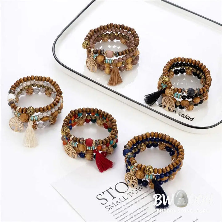 Buddha Stones Wenge Wood Layered Tree Tassel Healing Bracelet - Bracelet