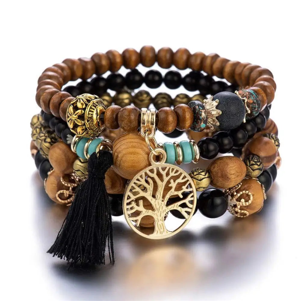 Buddha Stones Wenge Wood Layered Tree Tassel Healing Bracelet - Black - Bracelet