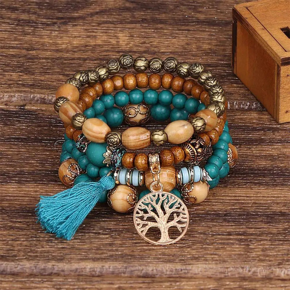 Buddha Stones Wenge Wood Layered Tree Tassel Healing Bracelet - Blue - Bracelet