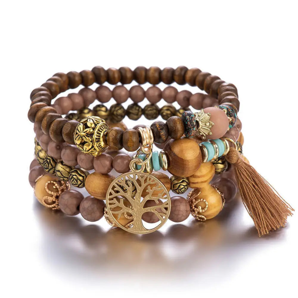 Buddha Stones Wenge Wood Layered Tree Tassel Healing Bracelet - Brown - Bracelet