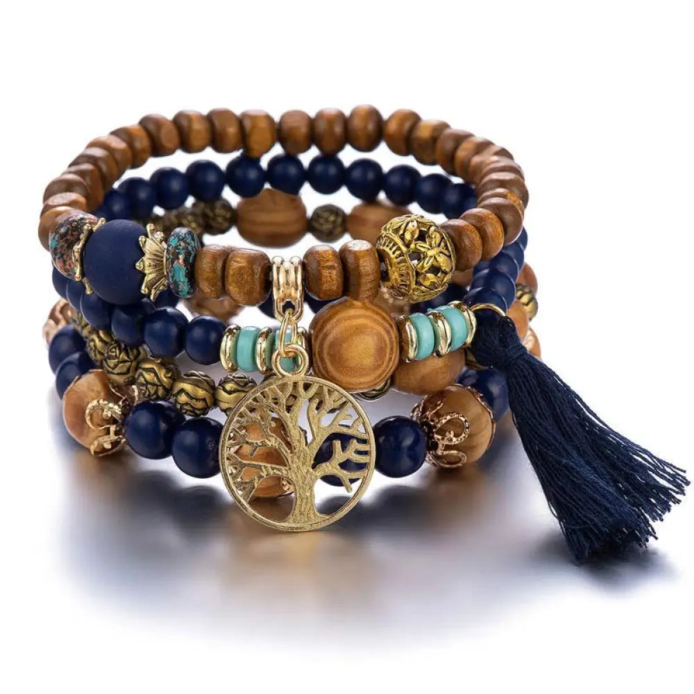 Buddha Stones Wenge Wood Layered Tree Tassel Healing Bracelet - Dark Blue - Bracelet