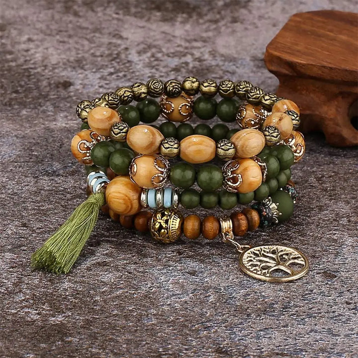 Buddha Stones Wenge Wood Layered Tree Tassel Healing Bracelet - Green - Bracelet