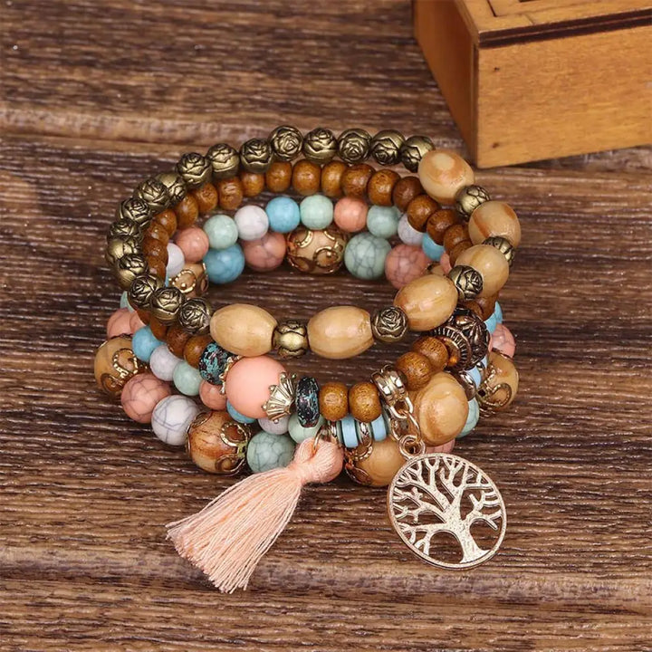 Buddha Stones Wenge Wood Layered Tree Tassel Healing Bracelet - Multicolor - Bracelet