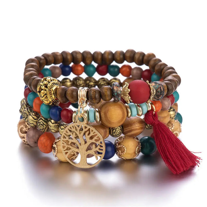 Buddha Stones Wenge Wood Layered Tree Tassel Healing Bracelet - Red - Bracelet