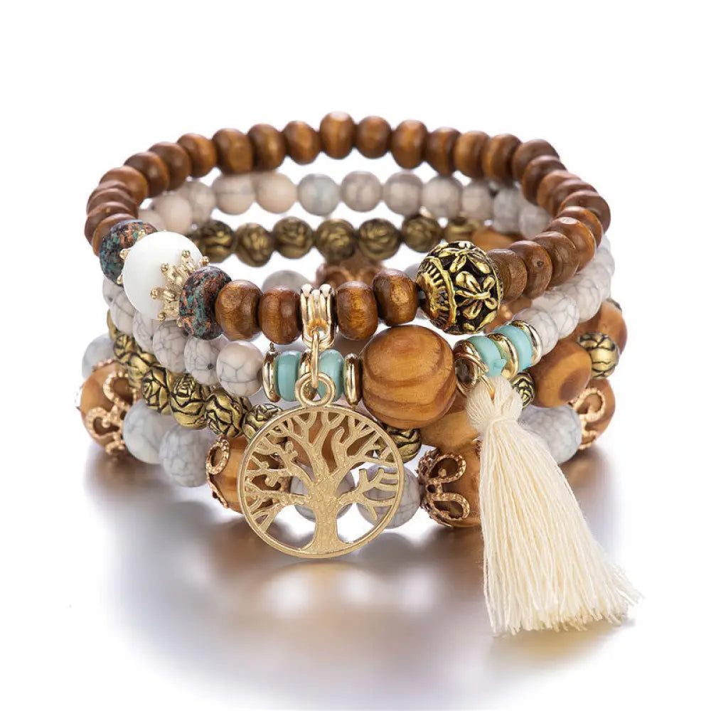 Buddha Stones Wenge Wood Layered Tree Tassel Healing Bracelet - White - Bracelet