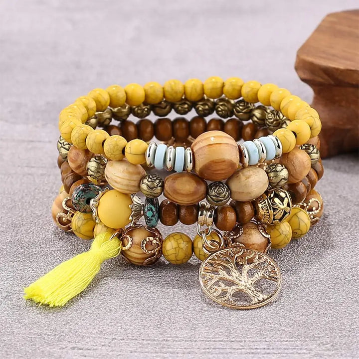 Buddha Stones Wenge Wood Layered Tree Tassel Healing Bracelet - Yellow - Bracelet