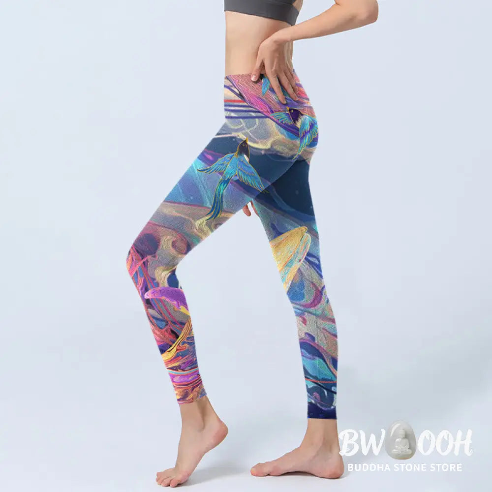 BWOOOH printed yoga leggings - Whales Swallows Waves Print Gym Leggings