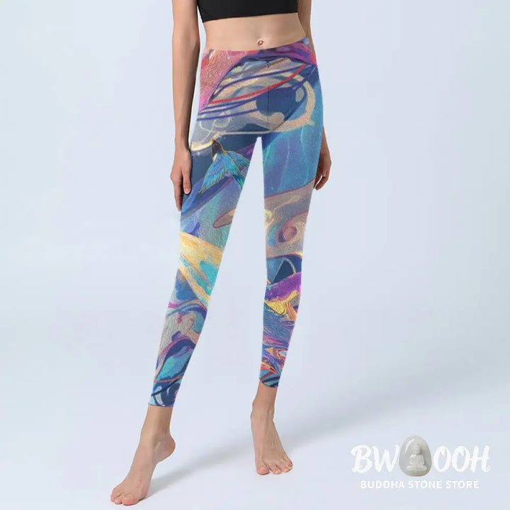 BWOOOH printed yoga leggings - Whales Swallows Waves Print Gym Leggings
