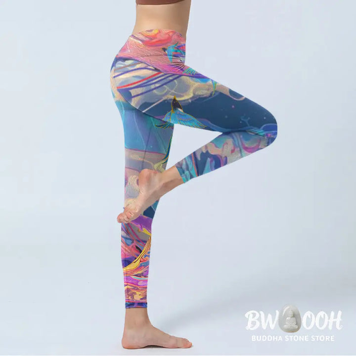 BWOOOH printed yoga leggings - Whales Swallows Waves Print Gym Leggings