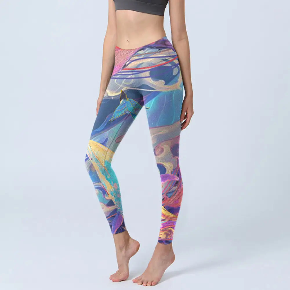 BWOOOH printed yoga leggings - Whales Swallows Waves Print Gym Leggings