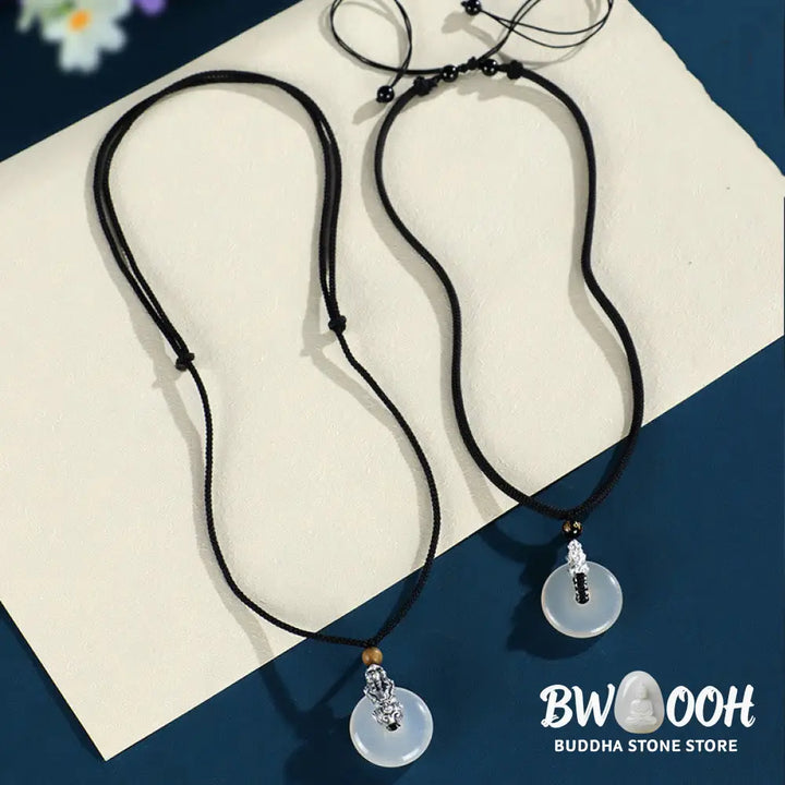Buddha Stones White Agate 999 Sterling Silver Black Onyx Green Sandalwood Pi Xiu Peace Buckle Six True Words Necklace