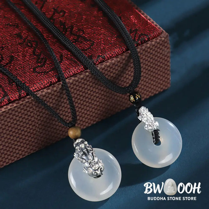 Buddha Stones White Agate 999 Sterling Silver Black Onyx Green Sandalwood Pi Xiu Peace Buckle Six True Words Necklace
