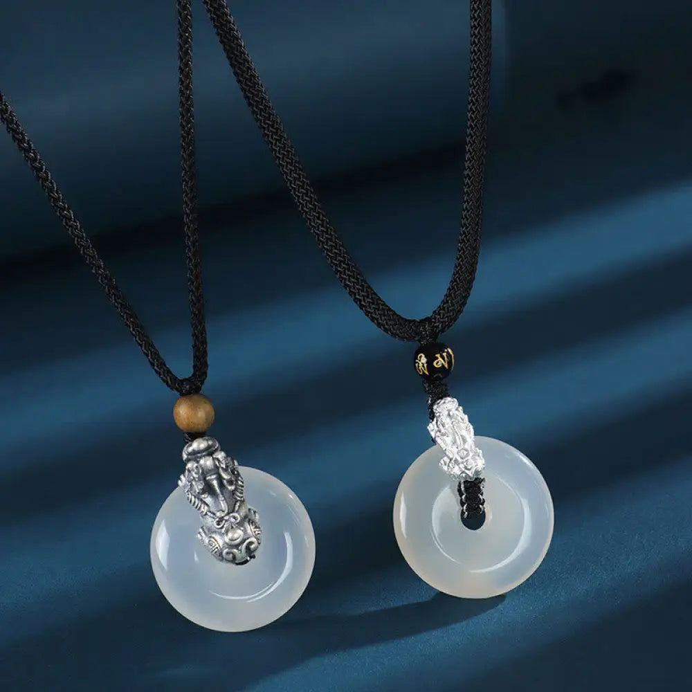 Buddha Stones White Agate 999 Sterling Silver Black Onyx Green Sandalwood Pi Xiu Peace Buckle Six True Words Necklace