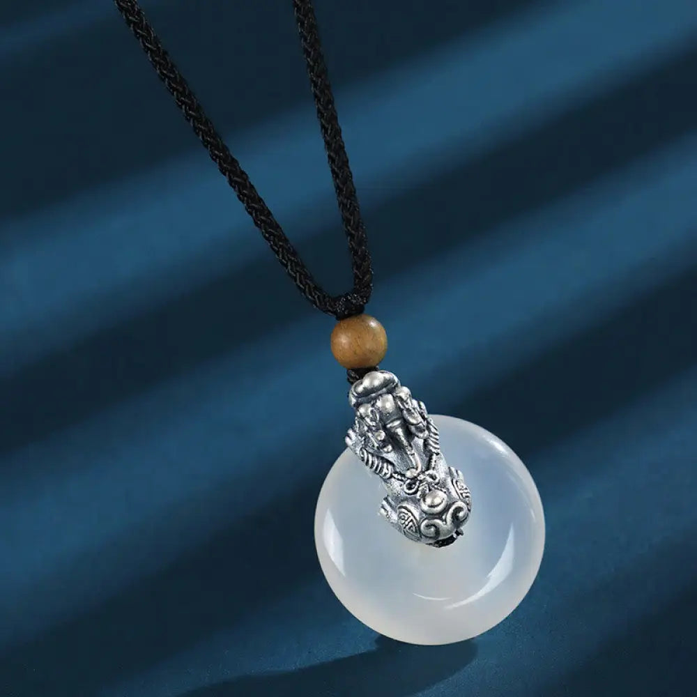 Buddha Stones White Agate 999 Sterling Silver Black Onyx Green Sandalwood Pi Xiu Peace Buckle Six True Words Necklace