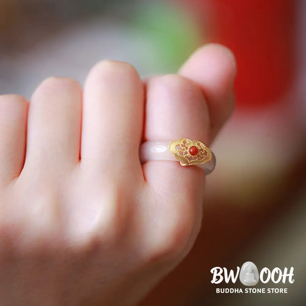 Buddha Stones White Agate Cyan Jade Turquoise Red Agate Luck Protection Ring - BWOOOH - Rings