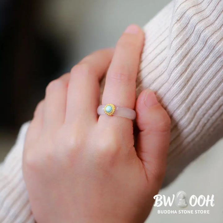 Buddha Stones White Agate Cyan Jade Turquoise Red Agate Luck Protection Ring - BWOOOH - Rings