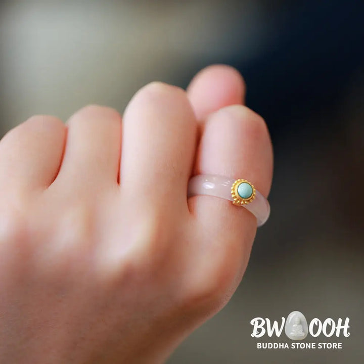 Buddha Stones White Agate Cyan Jade Turquoise Red Agate Luck Protection Ring - BWOOOH - Rings