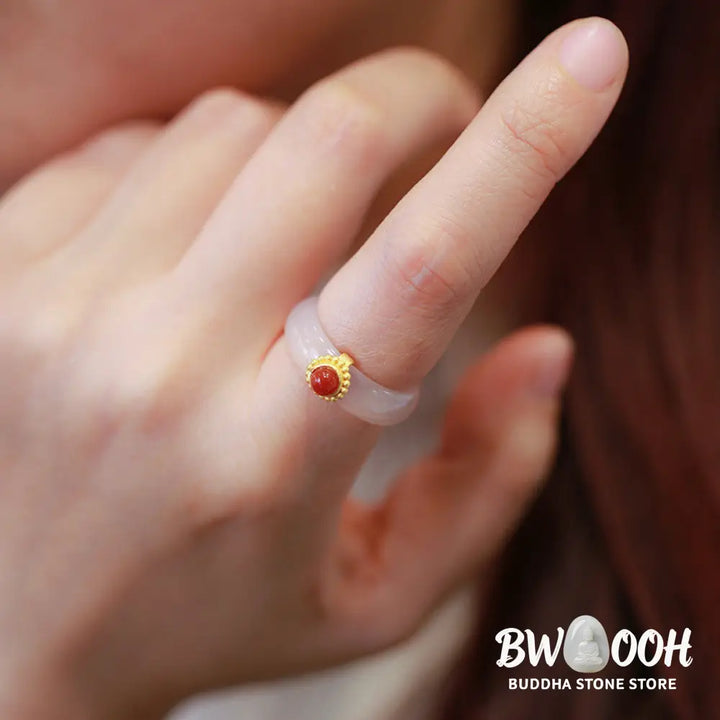 Buddha Stones White Agate Cyan Jade Turquoise Red Agate Luck Protection Ring - BWOOOH - Rings
