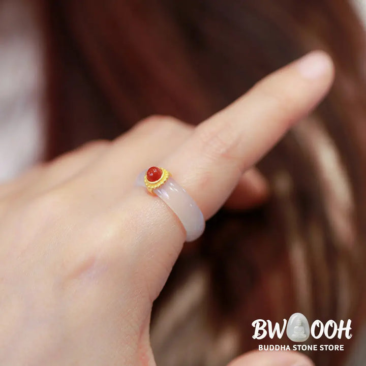 Buddha Stones White Agate Cyan Jade Turquoise Red Agate Luck Protection Ring - BWOOOH - Rings