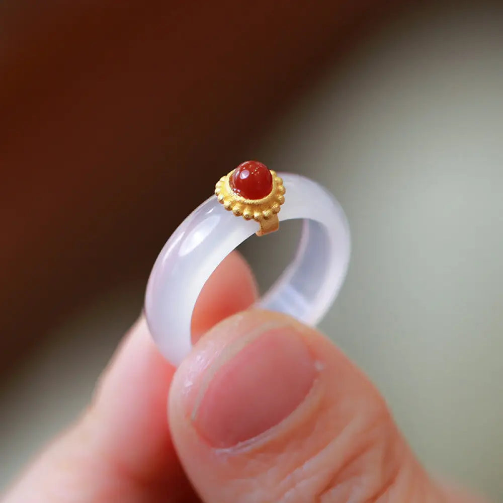 Buddha Stones White Agate Cyan Jade Turquoise Red Agate Luck Protection Ring - BWOOOH - Red Agate / Small - Rings