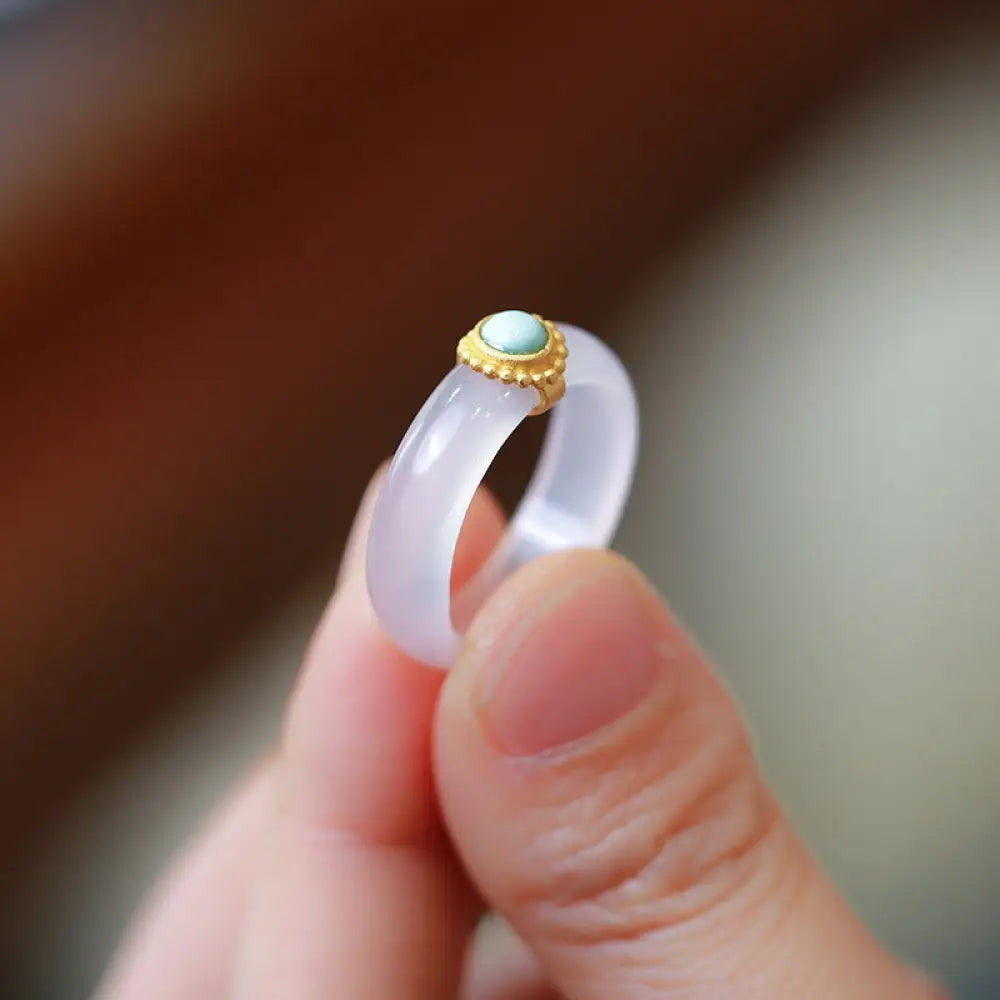 Buddha Stones White Agate Cyan Jade Turquoise Red Agate Luck Protection Ring - BWOOOH - Turquoise / Small - Rings