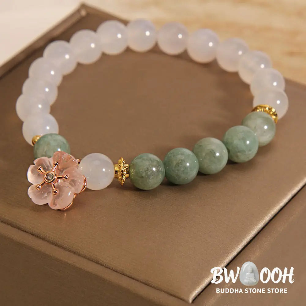 Buddha Stones White Agate Jade Flower Charm Luck Protection Bracelet - BWOOOH - White Agate Jade(Wrist Circumference