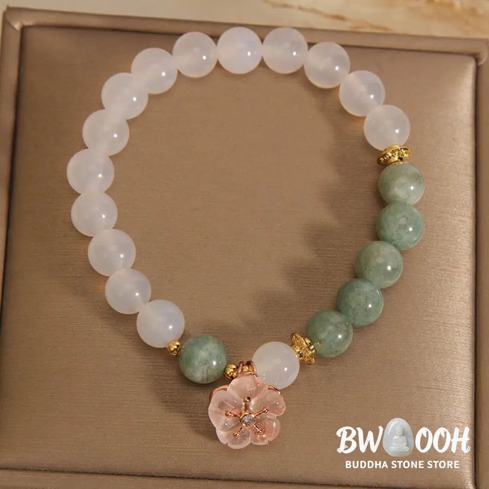 Buddha Stones White Agate Jade Flower Charm Luck Protection Bracelet - BWOOOH - White Agate Jade(Wrist Circumference
