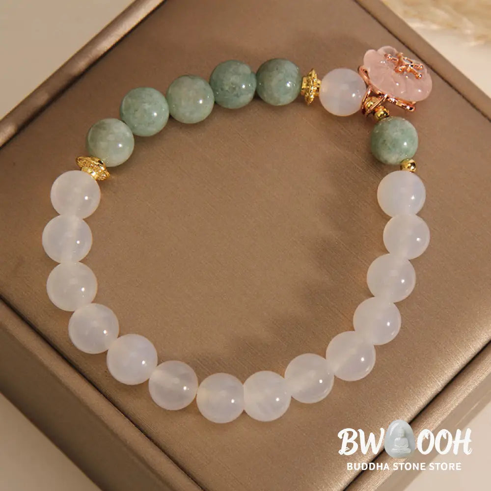 Buddha Stones White Agate Jade Flower Charm Luck Protection Bracelet - BWOOOH - White Agate Jade(Wrist Circumference