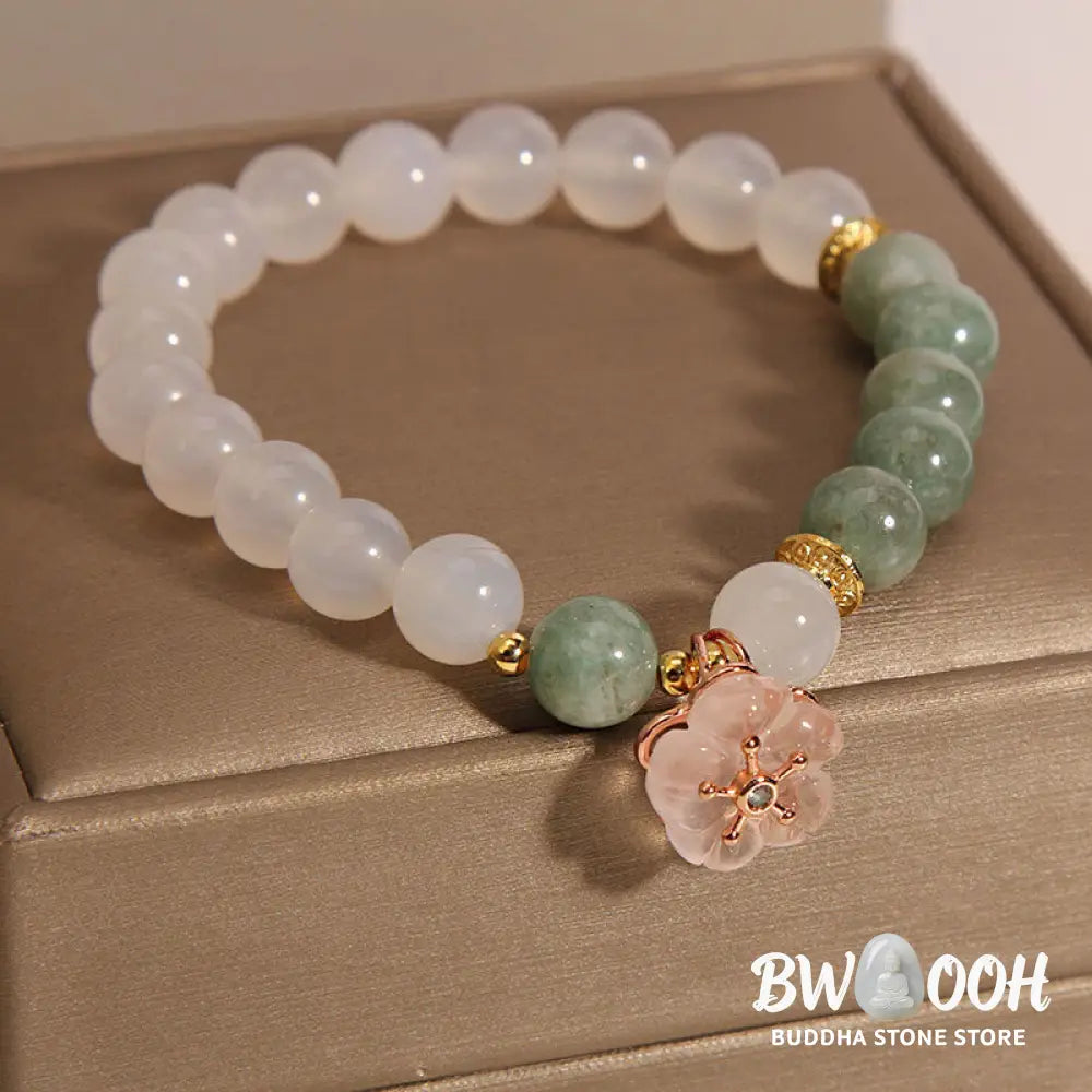 Buddha Stones White Agate Jade Flower Charm Luck Protection Bracelet - BWOOOH - White Agate Jade(Wrist Circumference