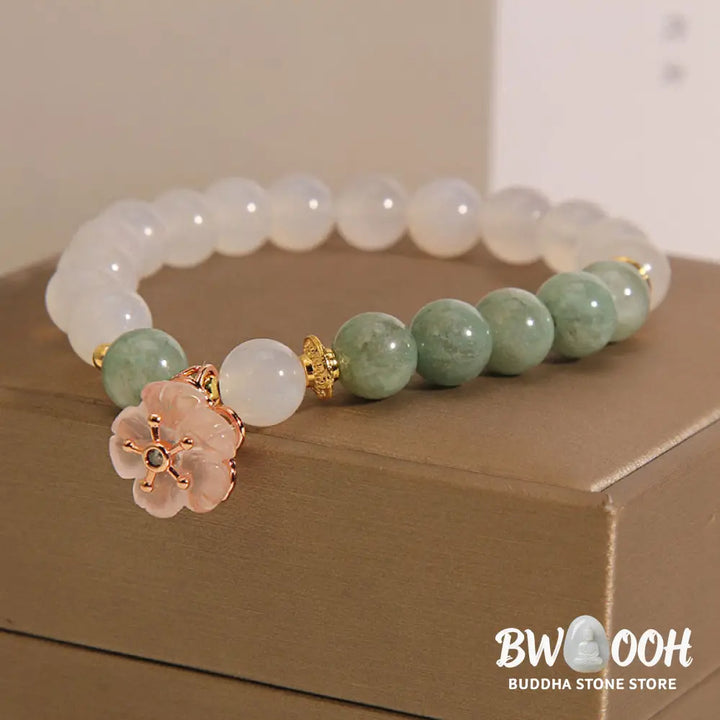 Buddha Stones White Agate Jade Flower Charm Luck Protection Bracelet - BWOOOH - White Agate Jade(Wrist Circumference